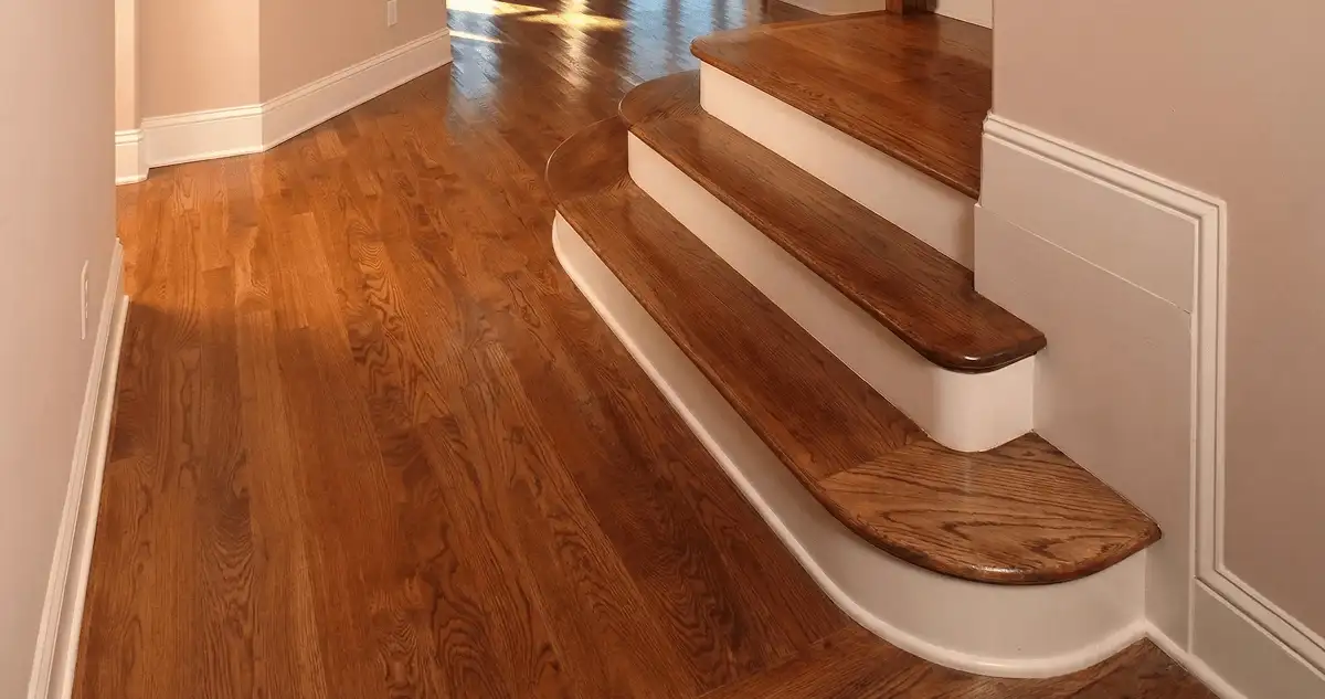 Base floor of a staircase with professionally restored wood flooring in Miami FL