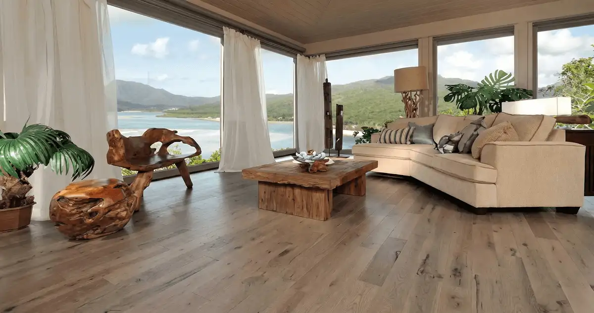 Professionally installed vinyl flooring in a modern living room with large windows in Miami, FL